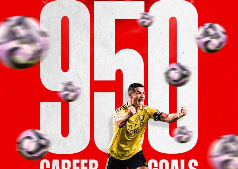 Cristiano Ronaldo atinge a marca dos 950 golos na carreira, ainda a 50 golos da marca dos 1.000 golos