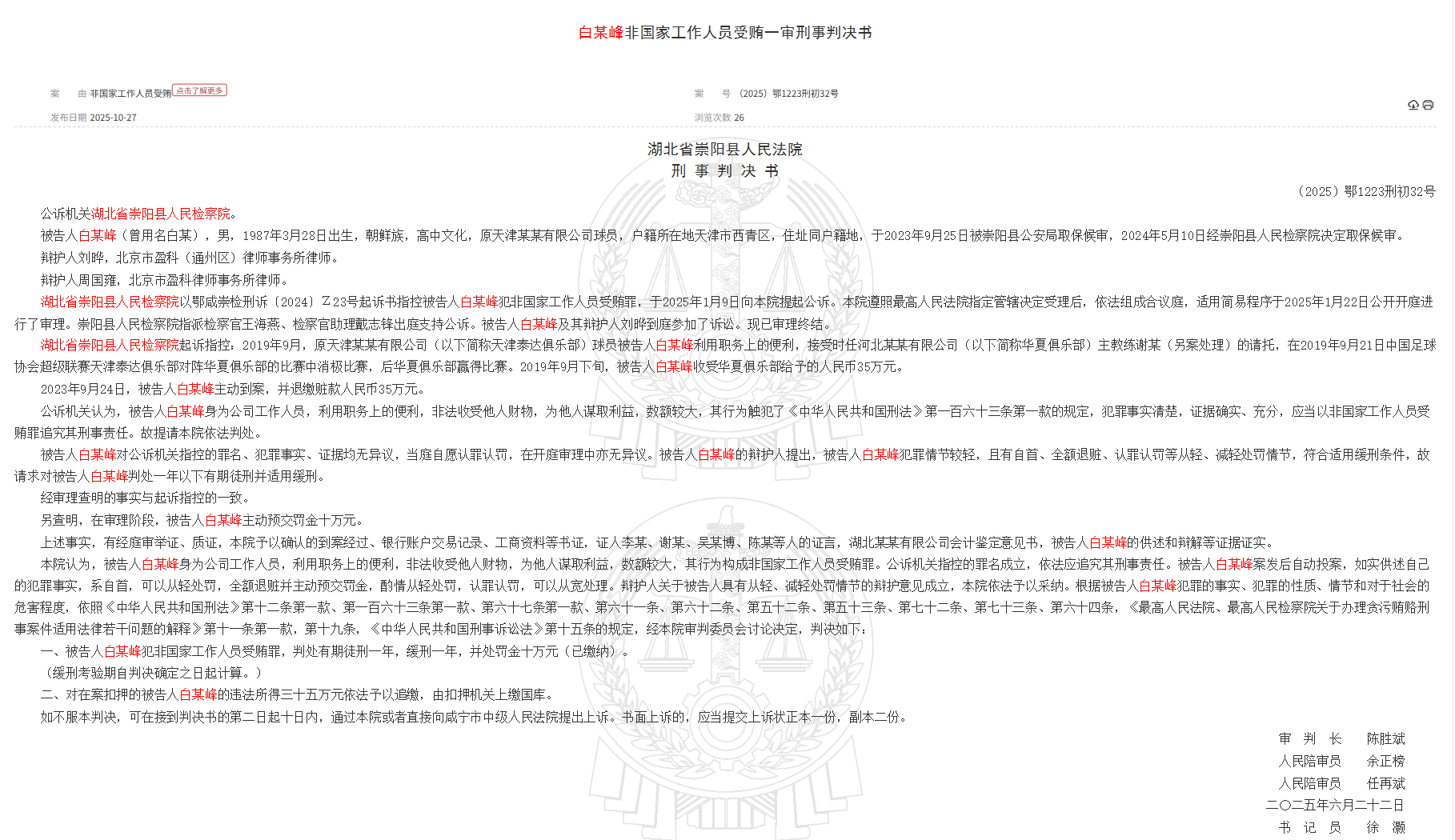 Tribunal de Hubei: O ex-jogador do TEDA Bai Moufeng foi condenado a um ano de liberdade condicional por aceitar subornos de funcionários não estatais